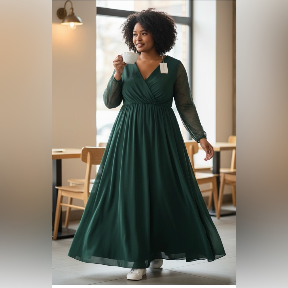 NWT FLYCURVY Elegant Green Chiffon Dress